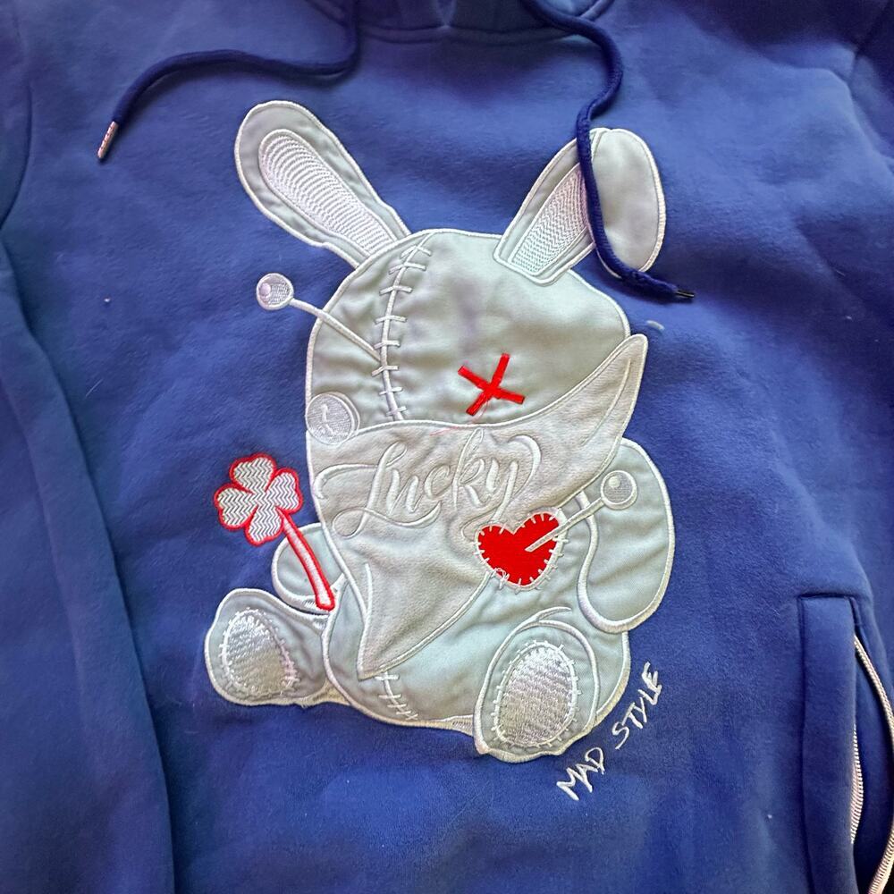 MAD STYLE x Womens Mens Blue Graphic Hooded Sweatshirt‎ Size M - Picture 3 of 8